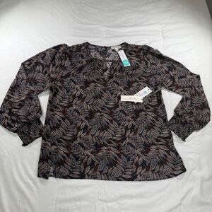 NWT Nine Britton Leaf Print Keyhole Long Sleeve Blouse BoHo Floral